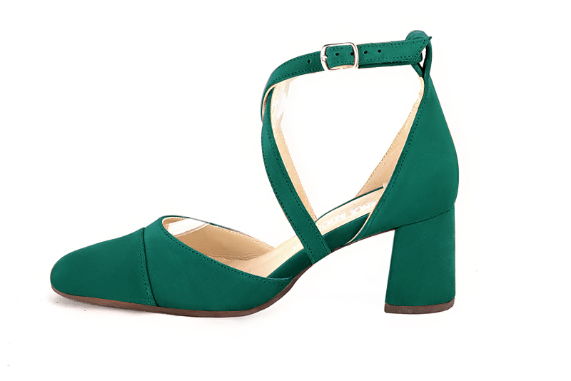 Emerald green women's open side shoes, with crossed straps. Round toe. Medium flare heels. Profile view - Florence KOOIJMAN